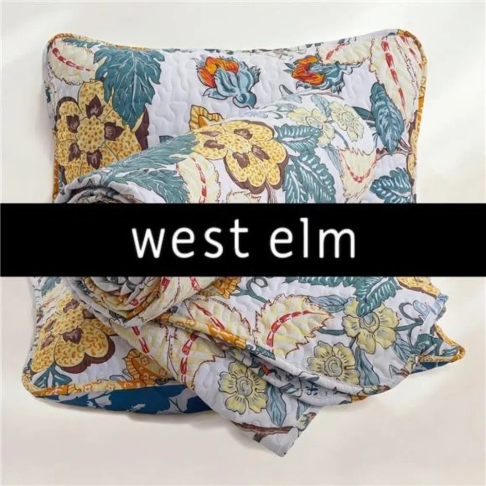 NEW West Elm Floral Reversible Queen / King Boho Bedding Quilt Coverlet Sham Set
